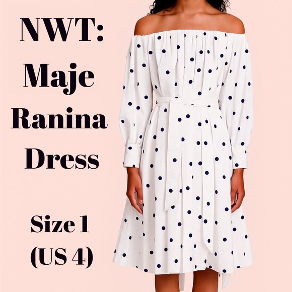 Maje Paris White Navy Polka Dot Belted Dress NWT Sz 4